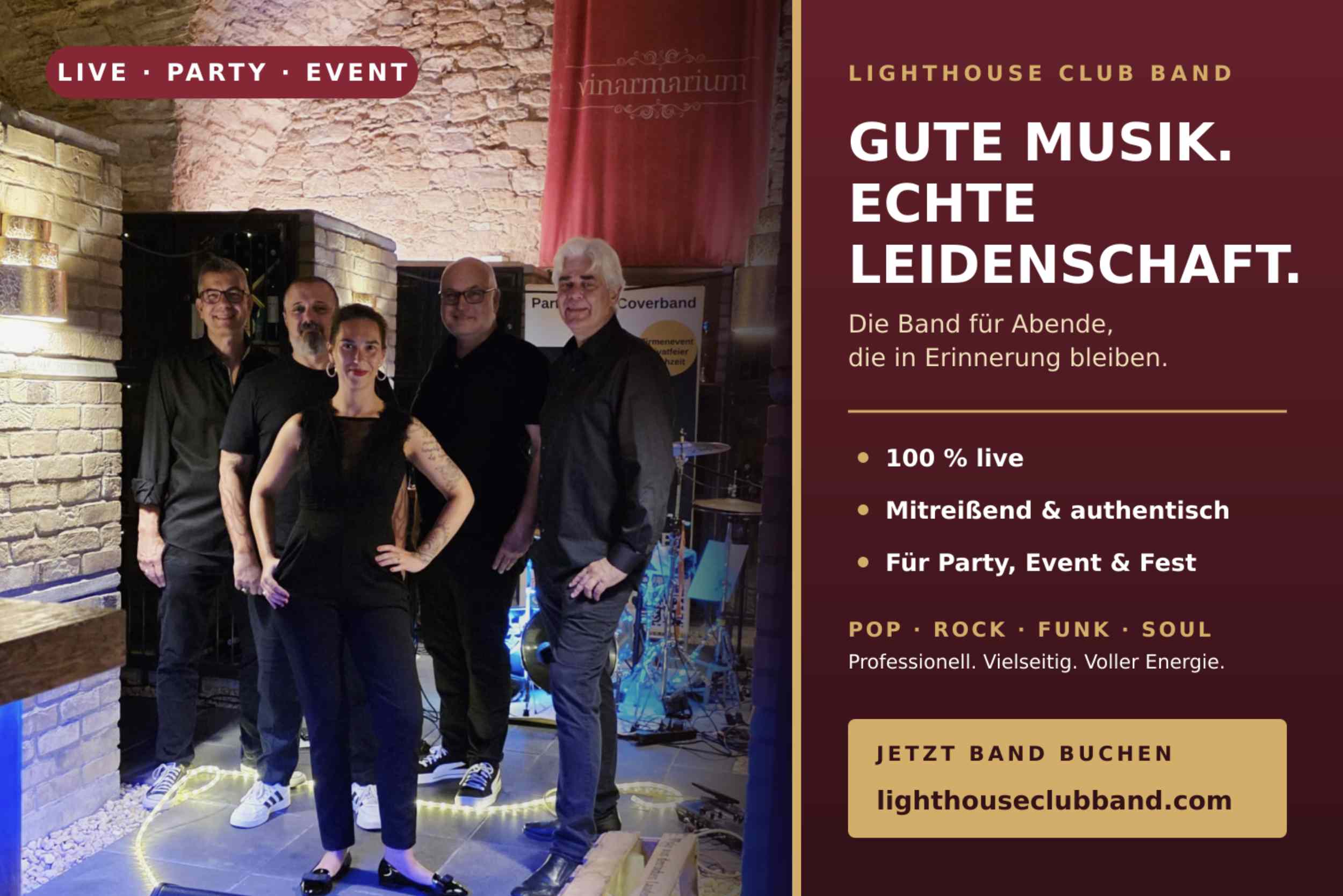 Lighthouse Club Band: Party- und Coverband für Firmenfeiern, Hochzeiten, Stadtfeste und Events in Mainz, Wiesbaden und Frankfurt. Funk, Soul, Pop, Disco und Partyklassiker – live gespielt von fünf erfahrenen Musikern mit einer Sängerin, die nicht nur auf der Bühne steht, sondern den Kontakt zum Publikum sucht. Die Lighthouse Club Band begleitet Firmenfeiern, Stadtfeste, Sommerfeste, Hochzeiten und weitere Veranstaltungen in Mainz, Wiesbaden, Frankfurt und im gesamten Rhein-Main-Gebiet.