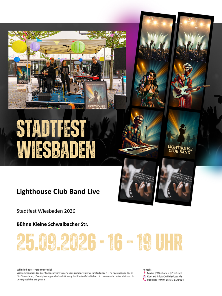 Die Lighthouse Club Band bringt beim Stadtfest Wiesbaden 2026 den unverwechselbaren Groove aus Funk, Pop und Party-Vibes direkt auf die Bühne: tanzbar, energiegeladen und garantiert unvergesslich.